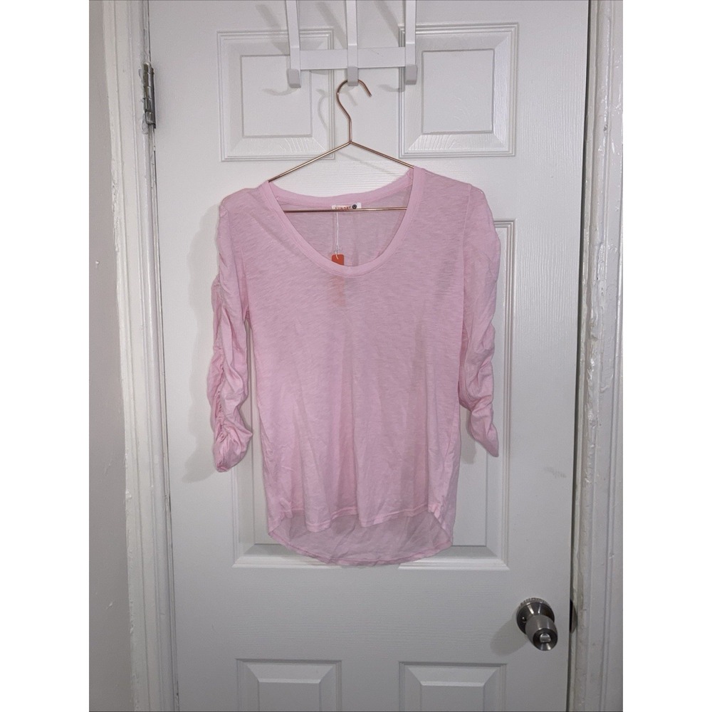 SUNDRY Pink 3/4 Sleeve Top Ruched Puff Sleeve Pima Cotton Women's T-Shirt NWT S‎